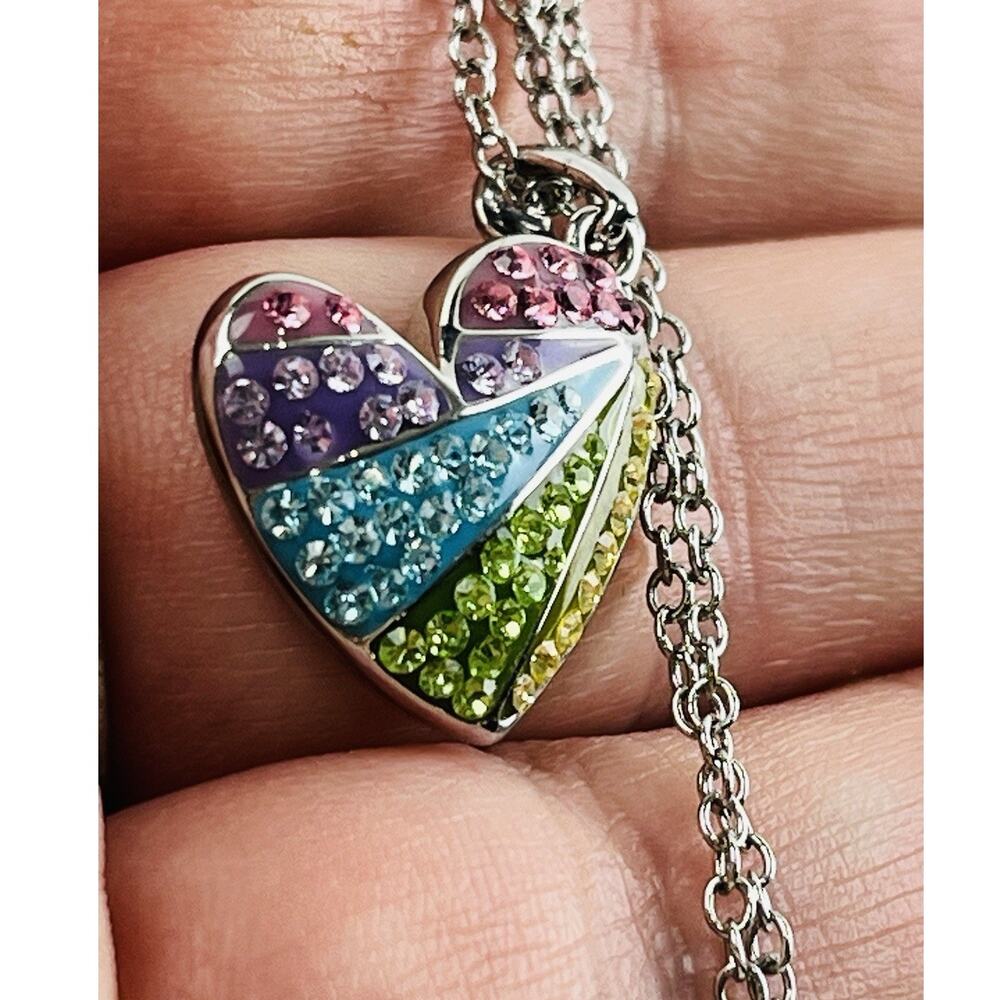Rainbow Heart Silver Tone Necklace Pendant Angled Pastel CZ Cubic Zirconia Kohls